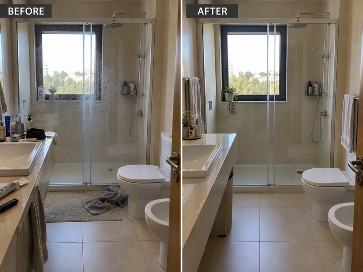 Before on the left and after on the right: Shower glass and bathroom care